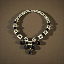 Vintage Taxco Mexico 950 Silver Black Onyx Collar Statement Necklace 142.1g