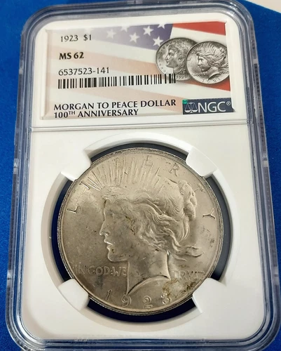 1923 Peace Silver Dollar, NGC Graded MS-62 100th Anniversary Label- 1005