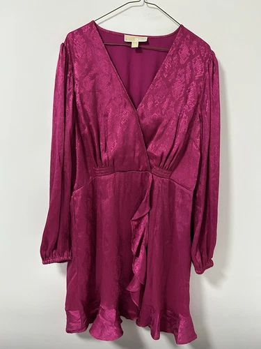 Abito Michael Kors rosa raso manica lunga volant balza taglia XL nuovo con etichette