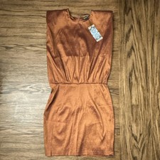 Boohoo Petite Bodycon Dress Bronze Satin Shoulder Pads Sleeveless US 8