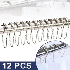 12Pack Metal Shower Curtain HOOKS RINGS Double Glide Roller Set for Bathroom