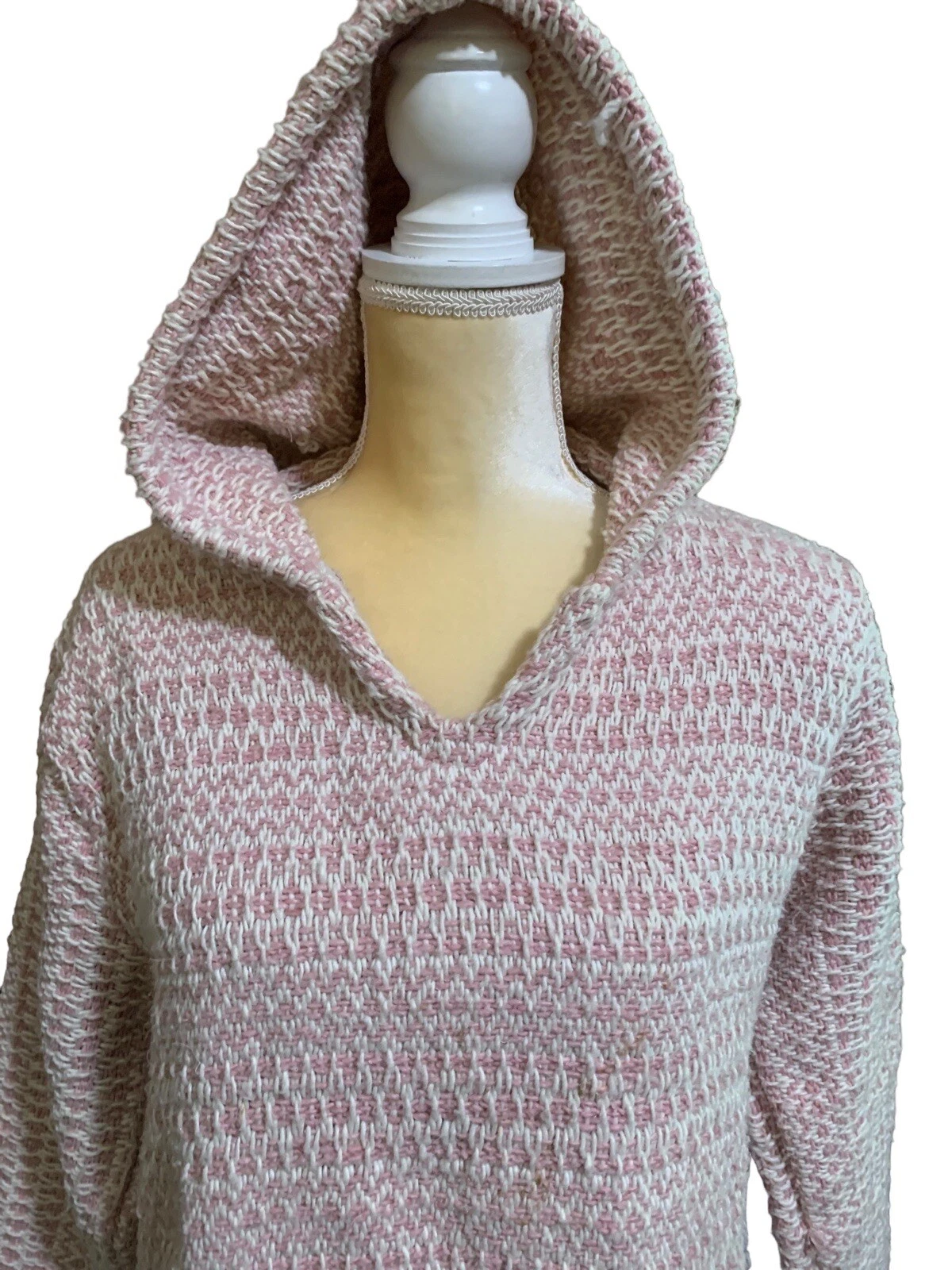 OFF WHITE Felpa con cappuccio Earth Ragz Boho Hippie coperta messicana pullover L rosa crema frange