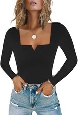Women's Long Sleeve Bodysuit Double Lined Thong Slim Fit Square V Neck Top