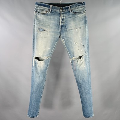 JOHN ELLIOTT Größe 34 Blau Distressed Baumwollmischung Knopf Fly Jeans
