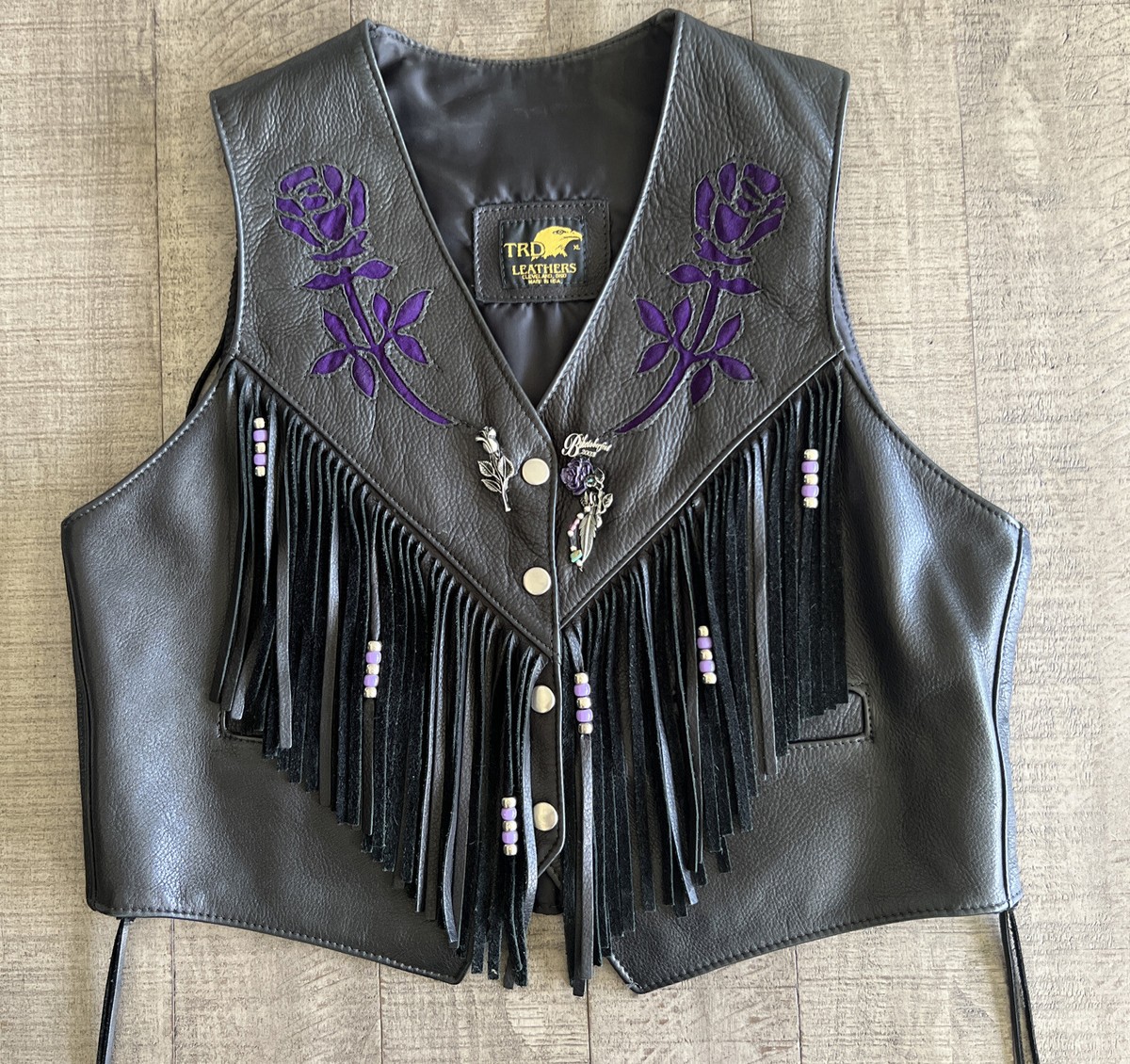 TRD Leathers Womens Black Leather Biker Vest with Fringe Purple