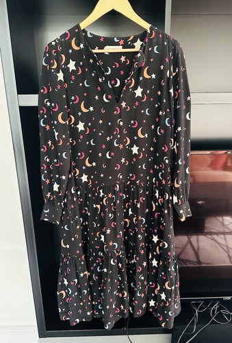 Chinti and Parker Midi Dress L Large UK12 100% Silk Stars Moons Pastels Frill - Picture 19 of 22