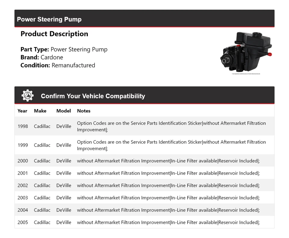 Bomba de dirección asistida Cardone para Cadillac DeVille 1998-2005 1999 2000 2001 2002 Foto 2 de 4