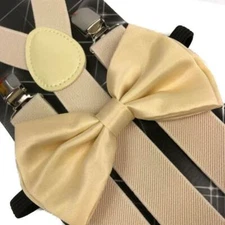 Cream Color Suspender + Clip on Bow-Tie Matching Set for Adults Men Women (USA)