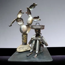 Vtg Brutalist Metal Sculpture Southwest Cactus Man Large 13" Signed Musaracchia