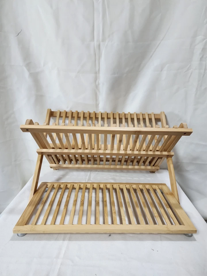 Worthyeah Bambú 3 Niveles Plegable Madera Platos Estante de Secado con Soporte para Utensilios Foto 3 de 4