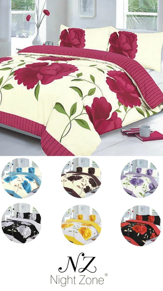 NIGHT ZONE Duvet Cover Set Rosaleen Floral Flowers Reversible Stripes Printed Quilt Cover
