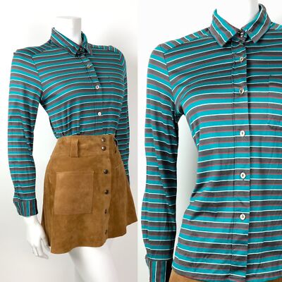 VINTAGE 70s STYLE 90s GRÜN GRAU ROT WEISS GESTREIFT MOD SHIRT 10