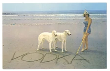WOLFSCHMIDT VODKA 1950s AD Postcard w/ RUSSIAN WOLFHOUNDS - Rare