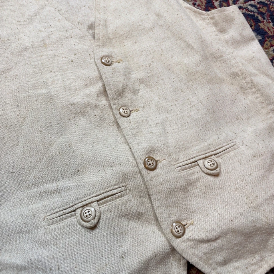VTG 60s 70s Tobias Kotzin 42L Beige Brown Linen Buckle Back waistcoat vest USA - Image 3 of 4