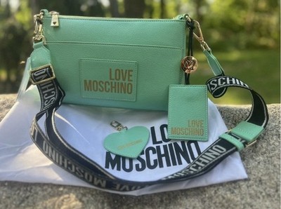 LOVE MOSCHINO Mint Green Crossbody Bag Heart Charm Detachable Strap Zip Closure
