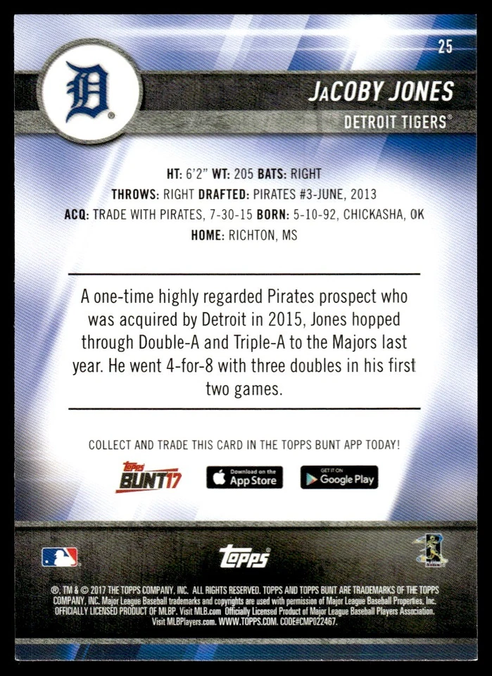 2017 Topps Bunt Blue JaCoby Jones Detroit Tigers #25 - Image 2 of 2