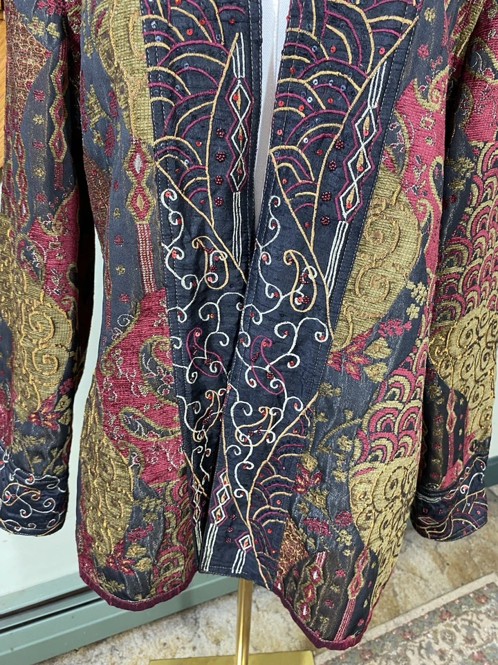Blazer Chaqueta Tapiz Yak Magik Talla L Frente Abierto Bordado Cuentas Lentejuelas Artístico Foto 3 de 4