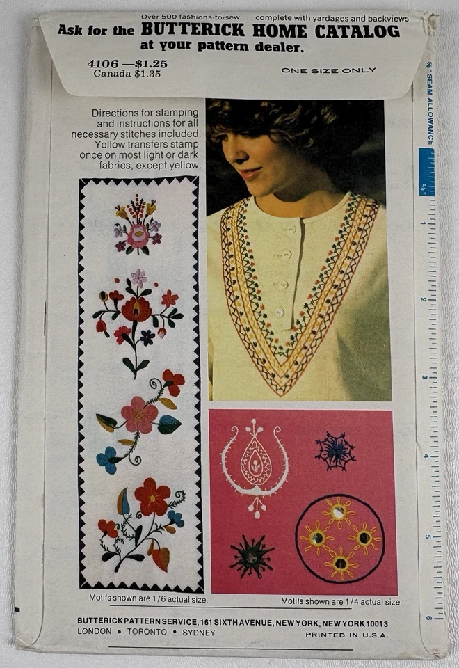 Butterick 4106 11 Ethnic Embroidery Transfers Pattern UC FF NIP VTG OOP 1970s - Image 2 of 4