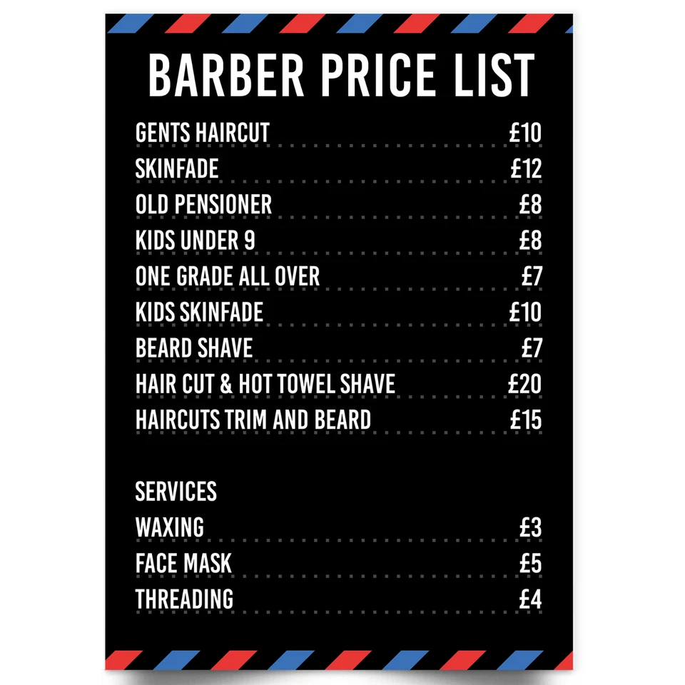 LAMINATED_PRINT Barber shop Poster Price List SIGN ADVERTISING Salon PRICES A5 A4 A3 A2 A1