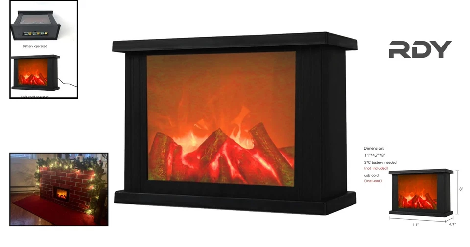 Flameless LED Fireplace Lantern - Portable Black Decorative Light with Timer - Image 2 of 4