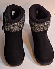 Muk Luks Women's Black Knit Bootie Slippers Buckle Accents Faux Fur Lined