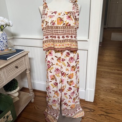 Good Luck Gem 2 Piece Set Floral Print Tank Wide Leg Pants Women's M Linen Blend
