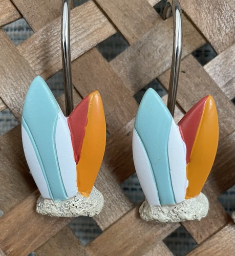 11 Shower Curtain Hooks Surfboard Theme Shape Unique Coastal Beach - Picture 2 of 3