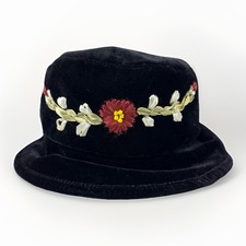 Vintage Black Velvet Hat Cottage core Ribbon Floral Accent Soft Brim Bucket
