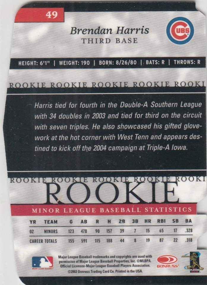 2003 Elite Extra Edition Aspirations Die-Cut Blue /76 BRENDAN HARRIS #49 Cubs - Image 2 of 2