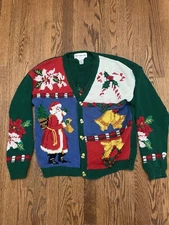 Vintage  90’s Eagle's Eye Cardigan Knit Santa Christmas Women’s Size Medium Ugly