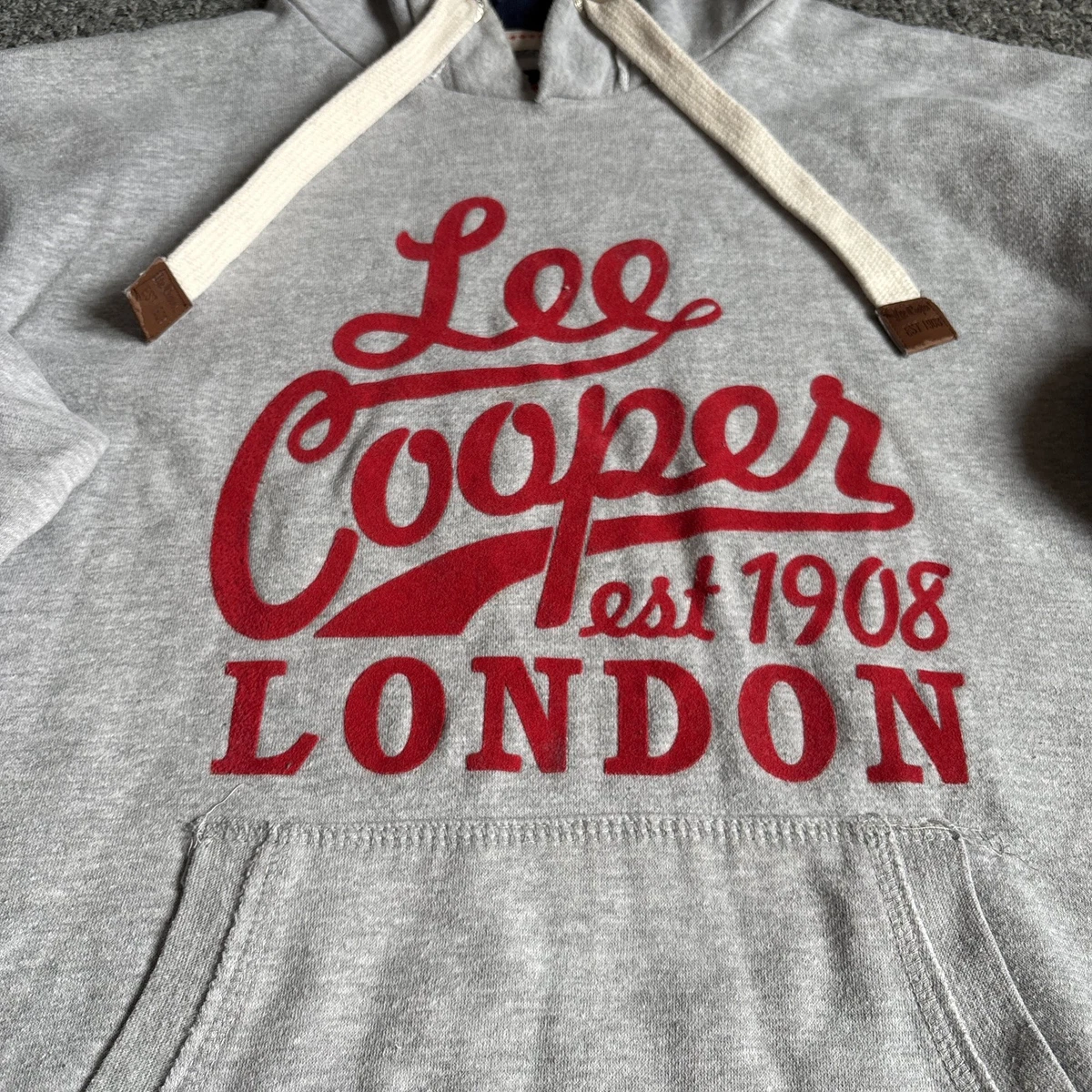 Sudadera con Capucha Lee Cooper Jersey Para Hombre Grande Gris Rojo Algodón Londres Logo Británico