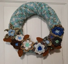 Crocheted Flower Door Wreath 14 Inch Handmade Home Decor Multicolor Earthtones