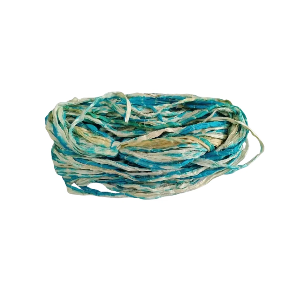 Sari Silk Ribbon super bulky yarn -Blue, Cream -Sari Silk Ribbons - Silk Strips - Image 2 of 4