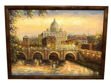 Vintage Original Oil Painting Signed Paris Parisian Street Scene Bridge Seine