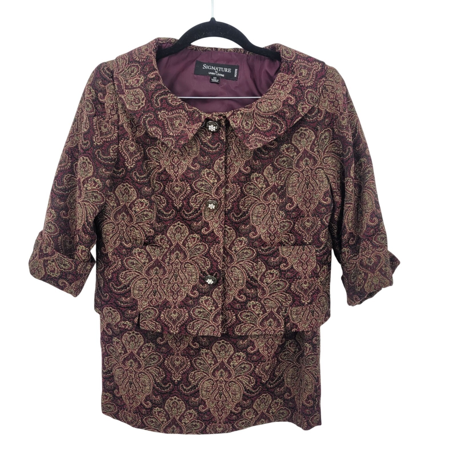 Vintage Burgundy Gold Medallion Jacquard Tapestry Skirt Set for Petite Women 8P