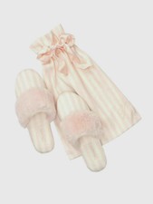 NEW VICTORIAS SECRET SIGNATURE SATIN SLIPPERS DUST BAG PINK STRIPED LARGE