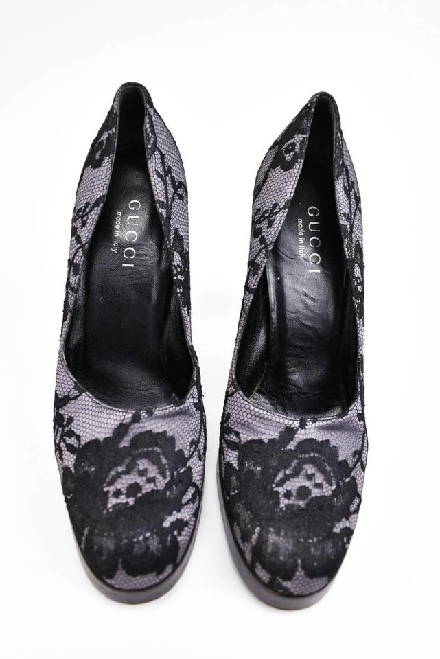 GUCCI: Dark Lilac & Black Lace Detail, Heels/Pumps Sz: 8.5C - Image 3 of 4