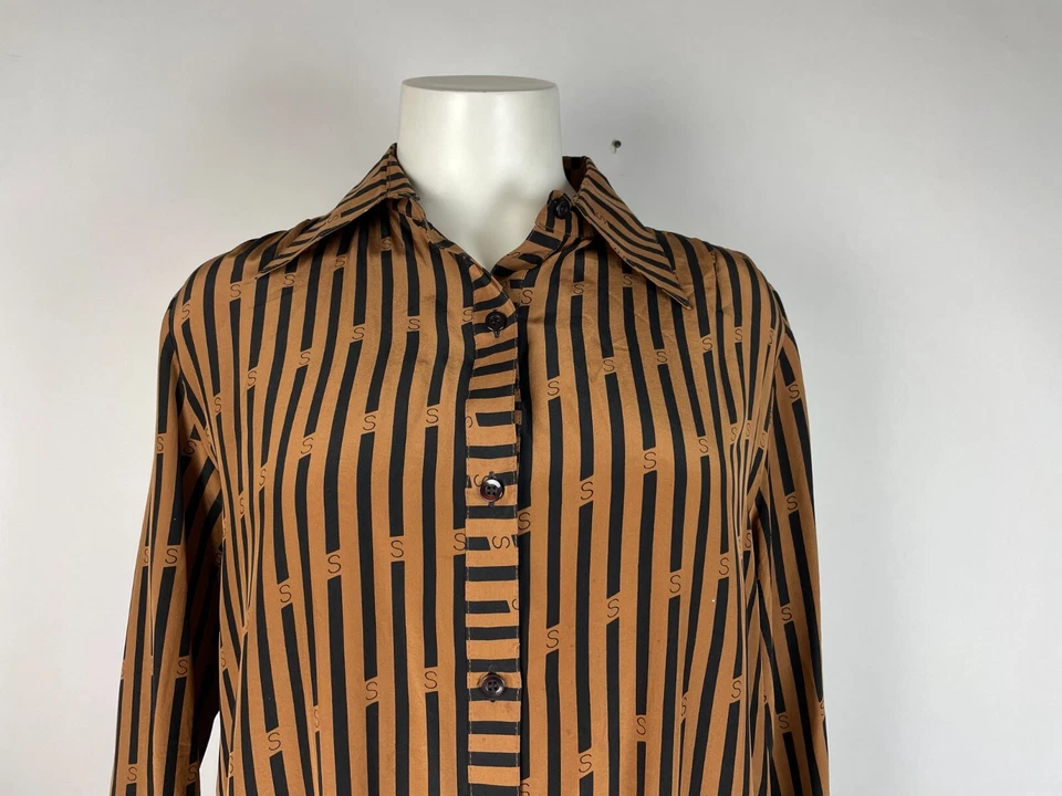 VTG.  80s SOO YUNG LEE Brown Black Stripe Print Long Sleeve Silk Shirt Dress 14 - Image 2 of 4