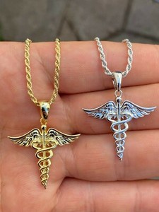 Authentic Solid 925 Silver Gold Plated Caduceus Pendant Healthcare Worker Nurse Doctor