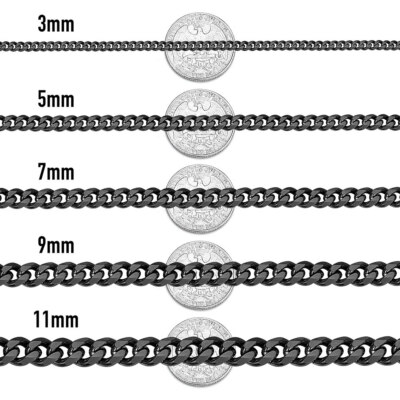 3/5/7/9/11mm Mens Black Stainless Steel Cuban Curb Link Chain Necklace 18-26''