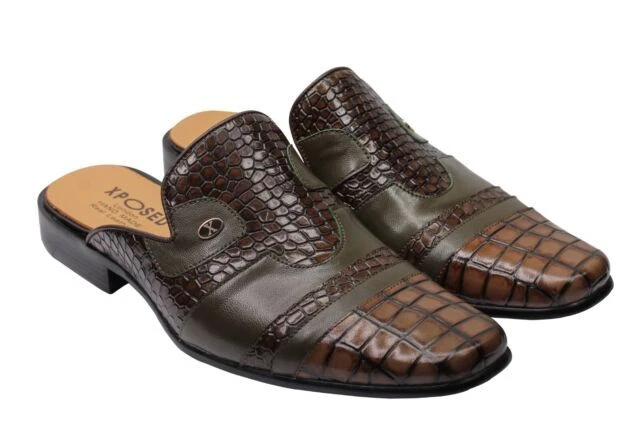 Mens Real Leather Crocodile Print Half Shoes Retro Slip on Backless Loafer Mules