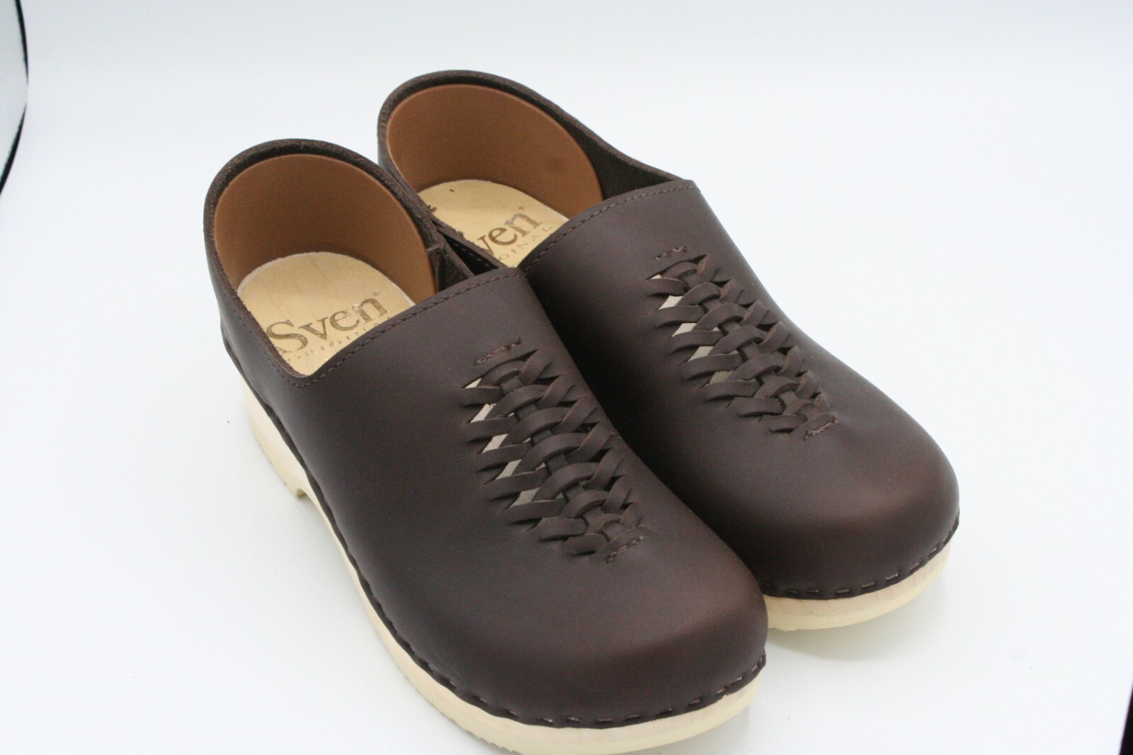 Sven Dark Brown Leather Woven Slip-On Clogs for Women Size 39 Made in USA Comfort Casual Style-image