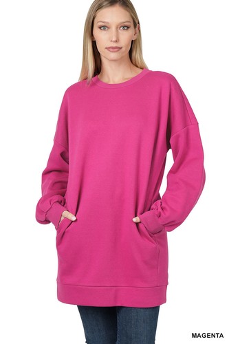 Women Round or V Neck Oversized Long Sweatshirt Loose Warm Fleece Top w/ Pockets - Picture 15 of 32