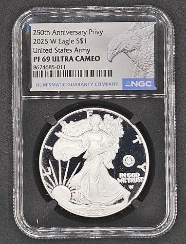 2025-W U.S. Army 250th Privy 1oz American Silver Eagle | NGC PF69 ULTRA CAMEO