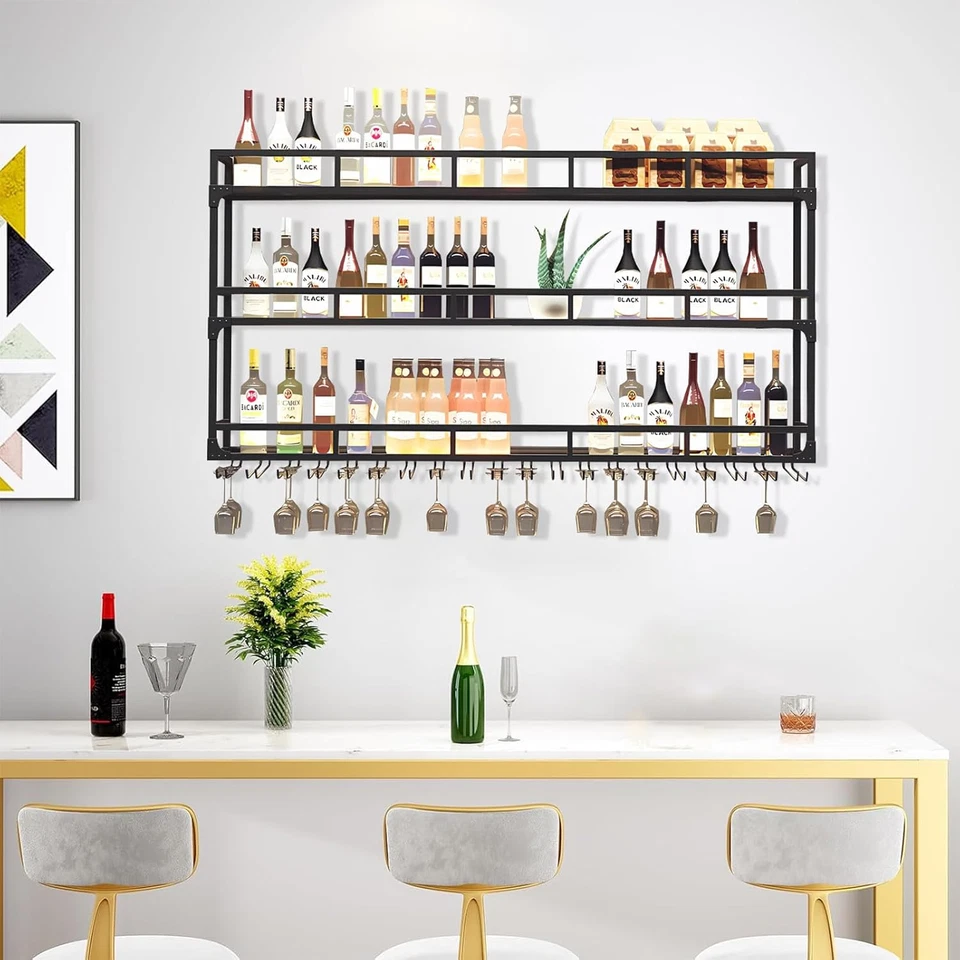 Portabottiglie Da Parete Con Porta Calici, Metallo Porta Bottiglie Vino Con Port - Immagine 4 di 4