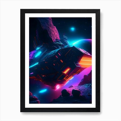 Asteroid Mining Neon Nights Space A gerahmtes Wandbild Poster Leinwanddruck Bild