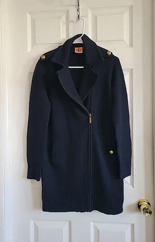 Tory Burch Cappotto Navy Maglione Bottoni Oro 100% Lana Merino Taglia XS
