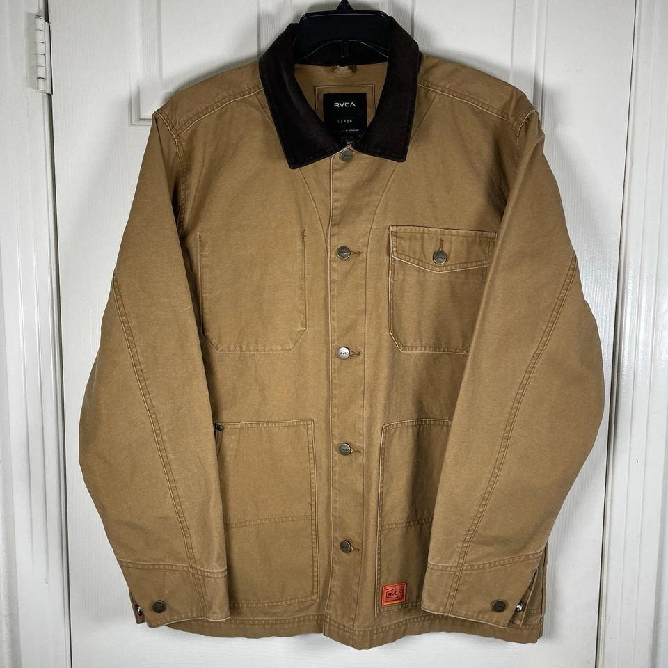 RVCA Chainmail Button Corduroy Collar Chore Jacket Duck Camel Tan Mens Large - Image 3 of 4