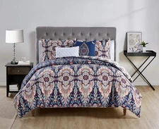 VCNY Home Kensington 5 Piece King Comforter Set Navy & Coral Colors Bohemian