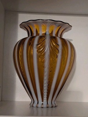 VTG Fenton Art Glass Autumn Gold Opalescent Rib Optic Feather Belly Vase